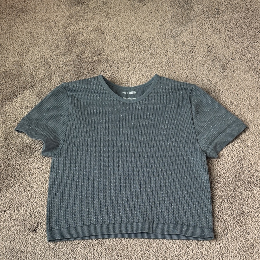 Wild Fable Blue Shimmer Ribbed Seamless Crop Top SIZE S Short Sleeve Stretch Tee